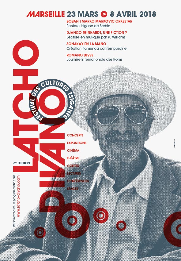 Affiche du festival Latcho Divano réalisée par Jean-Moïse De Faria, enseignante à la PAM. Cette affiche illustre le cours de design graphique.